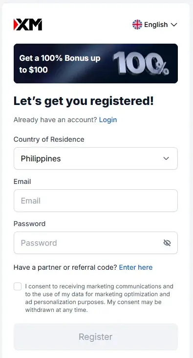 XM registration, step 1: Register with XM